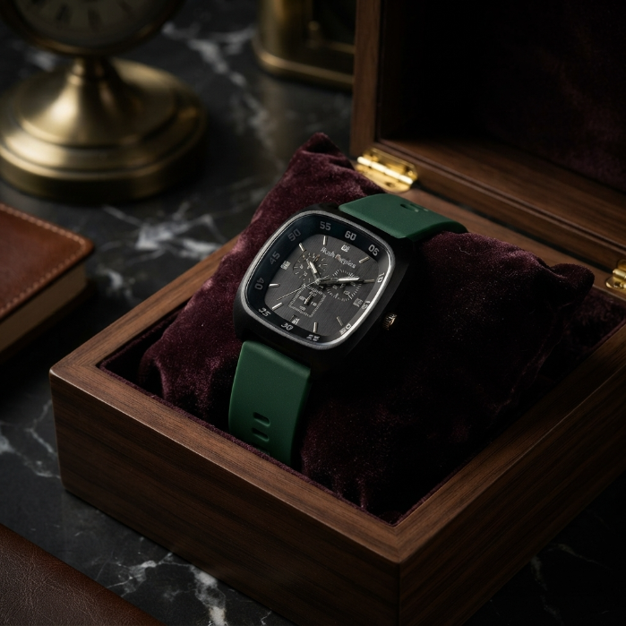 Luxury Men's Silicone Strap Watch | Premium Black Dial Quartz Wrist Watch | Sport & Business Fashion Watch | Green Strap Timepiece