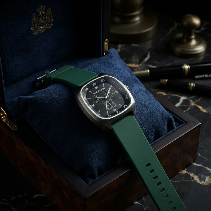 Luxury Men's Silicone Strap Watch | Premium Black Dial Quartz Wrist Watch | Sport & Business Fashion Watch | Green Strap Timepiece