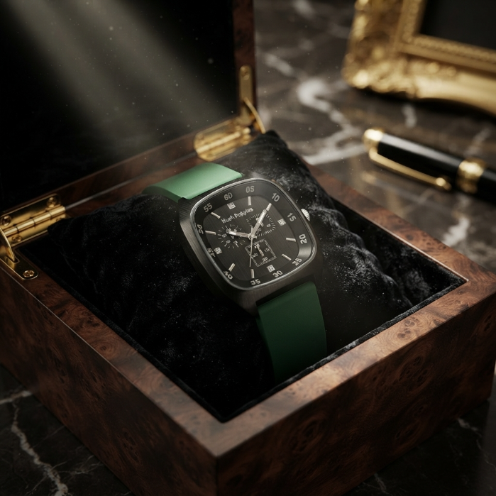 Luxury Men's Silicone Strap Watch | Premium Black Dial Quartz Wrist Watch | Sport & Business Fashion Watch | Green Strap Timepiece