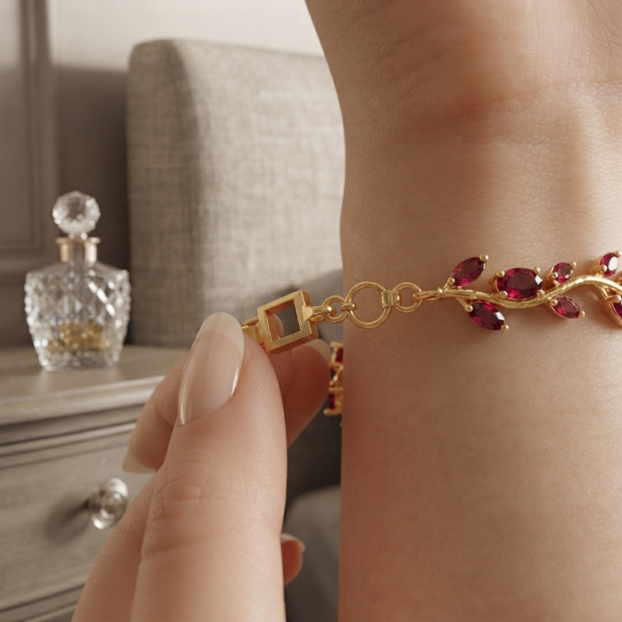 Luxury Gold Plated Ruby Red Stone Bracelet for Women | Elegant Crystal Bracelet | Bridal Jewelry | Party Wear Bracelet | Adjustable Ladies Bracelet | Premium Gift for Her