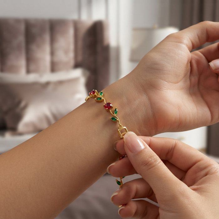 Luxury Gold Ruby & Emerald Bracelet for Women | Elegant Crystal Fashion Jewellery