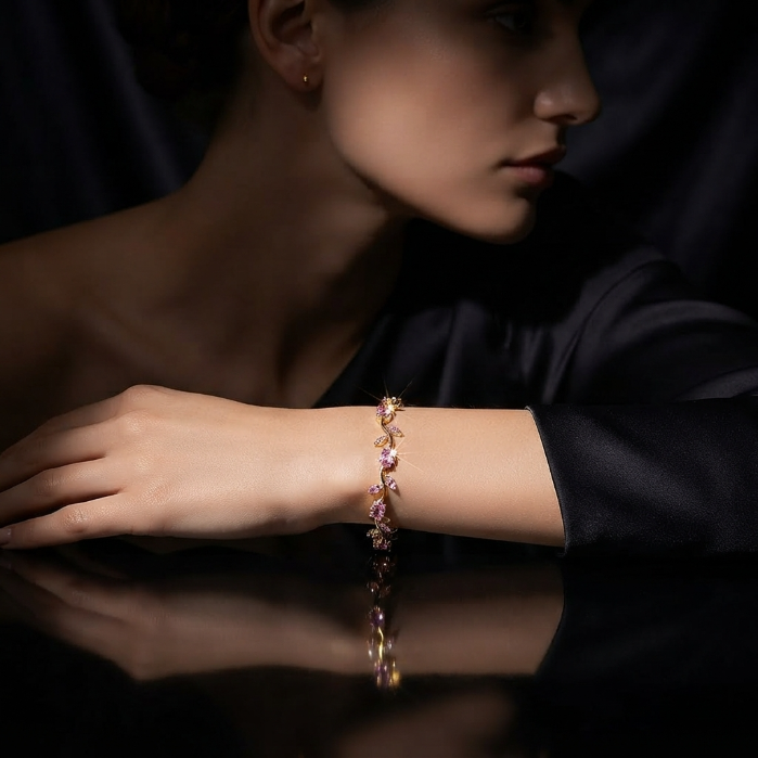 Elegant Pink Crystal Gold Bracelet | Women’s Luxury Fashion Jewellery | Sparkling Bracelet