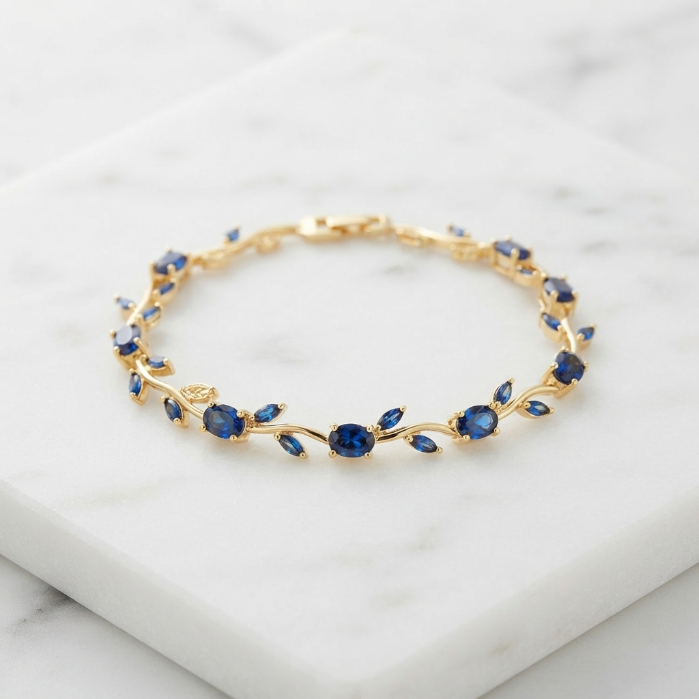 Blue Sapphire Gold Bracelet for Women | Elegant Leaf Design Jewellery