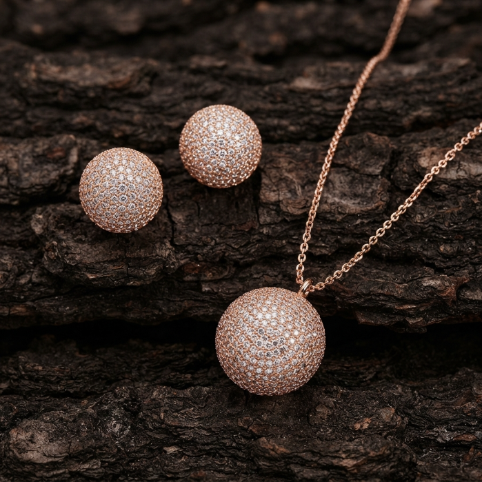 Luxury Rose Gold Crystal Sphere Jewelry Set – Necklace & Stud Earrings | Elegant Women's Gift