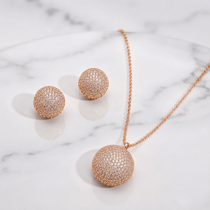 Luxury Rose Gold Crystal Sphere Jewelry Set – Necklace & Stud Earrings | Elegant Women's Gift