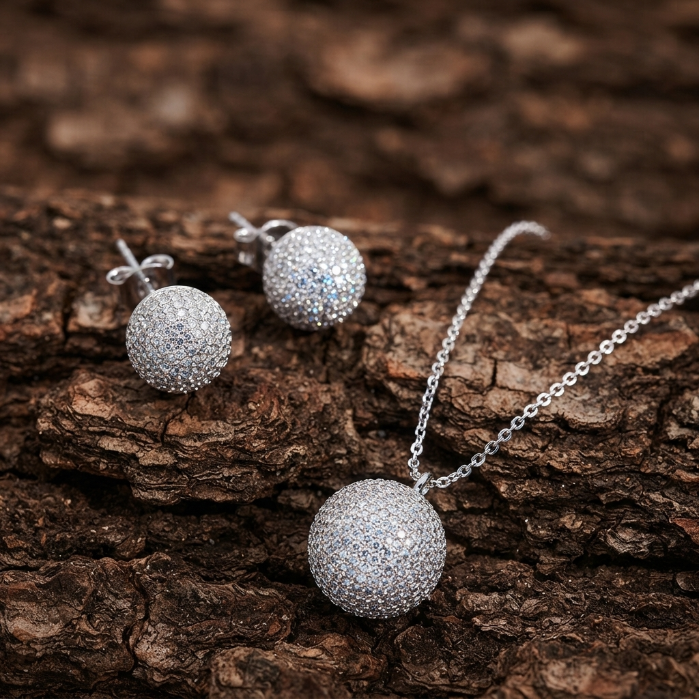 Luxury Silver Crystal Sphere Jewelry Set – Pendant Necklace & Stud Earrings for Women