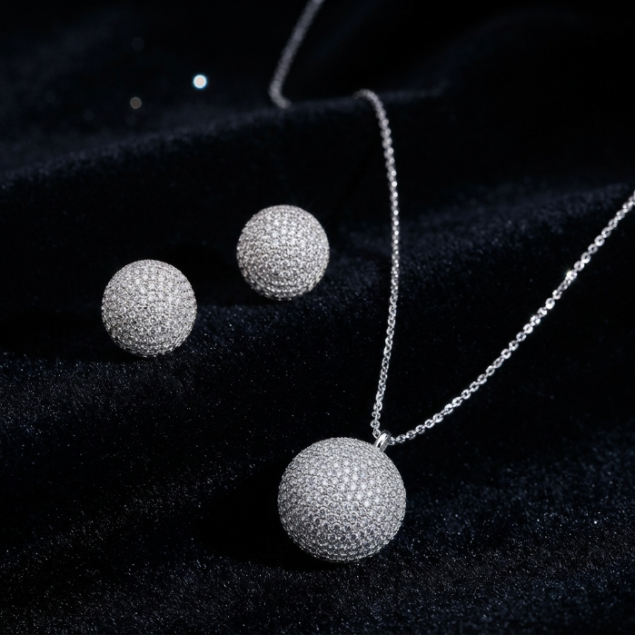Luxury Silver Crystal Sphere Jewelry Set – Pendant Necklace & Stud Earrings for Women