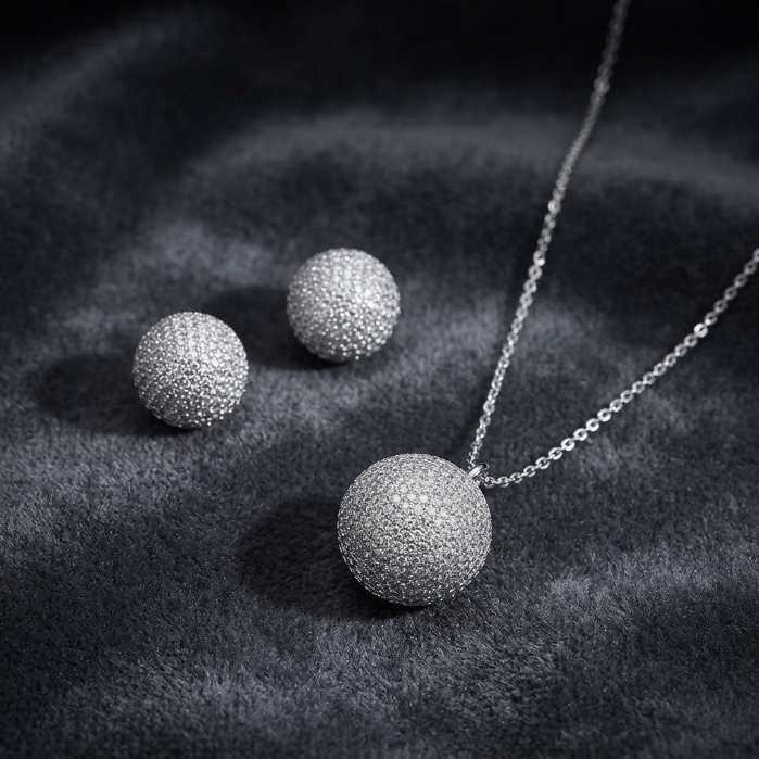 Luxury Silver Crystal Sphere Jewelry Set – Pendant Necklace & Stud Earrings for Women