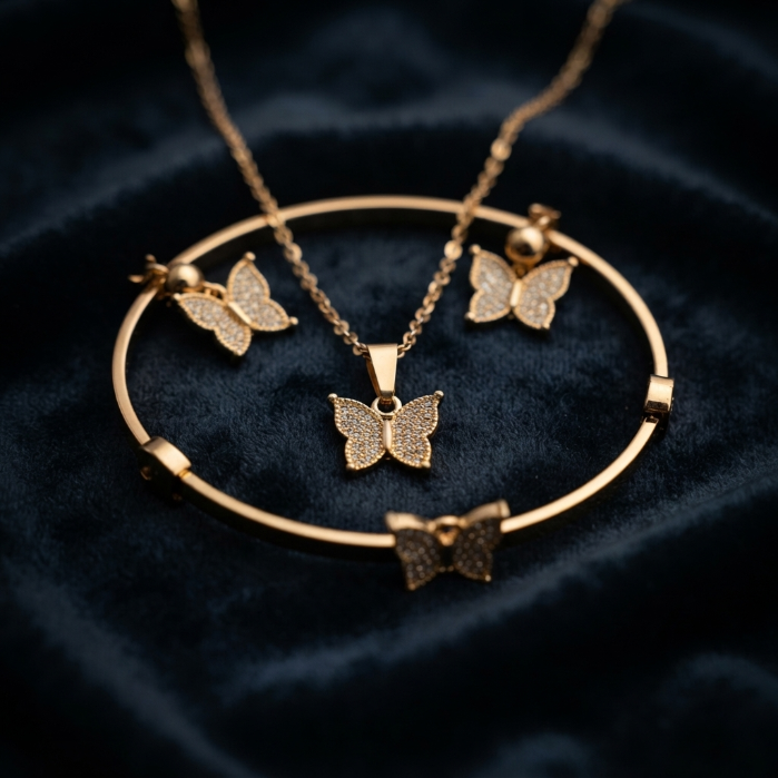 Luxury Gold Butterfly Jewelry Set – Crystal Pendant Necklace, Earrings & Adjustable Bracelet for Women