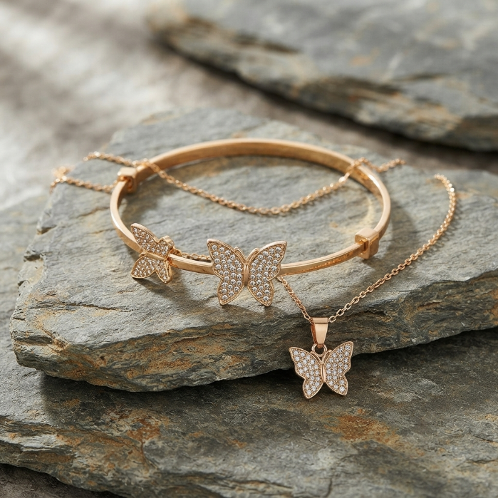 Luxury Gold Butterfly Jewelry Set – Crystal Pendant Necklace, Earrings & Adjustable Bracelet for Women
