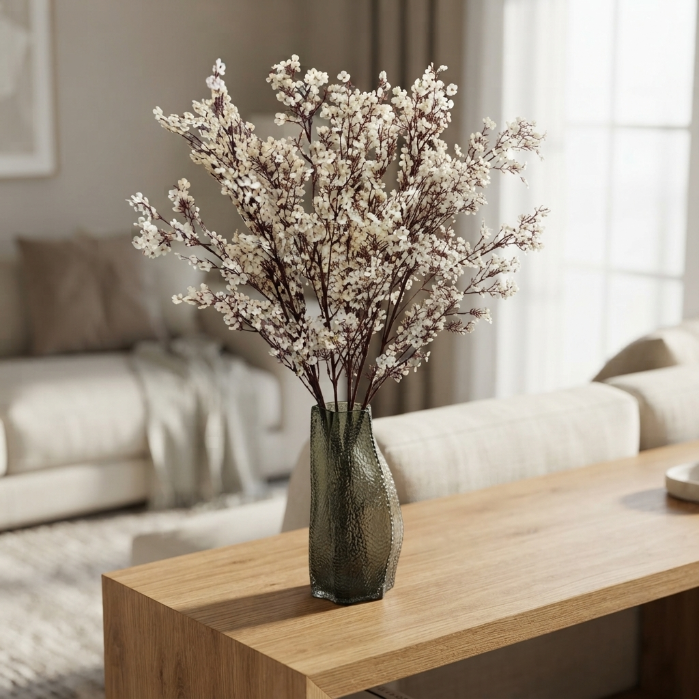 Artificial White Baby's Breath Flowers with Modern Glass Vase | Elegant Home Decor Arrangement