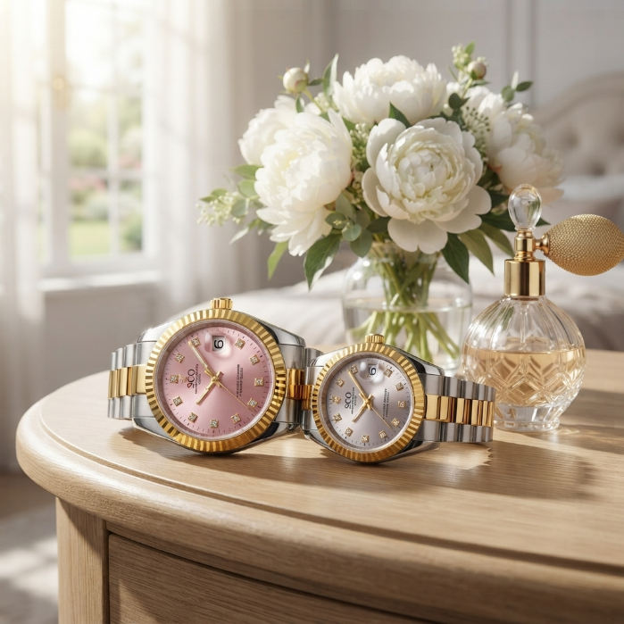 SCO Luxury Couple Watch Set – Gold & Silver Stainless Steel Quartz Watches | Premium Matching Watches for Men & Women | Elegant Gift