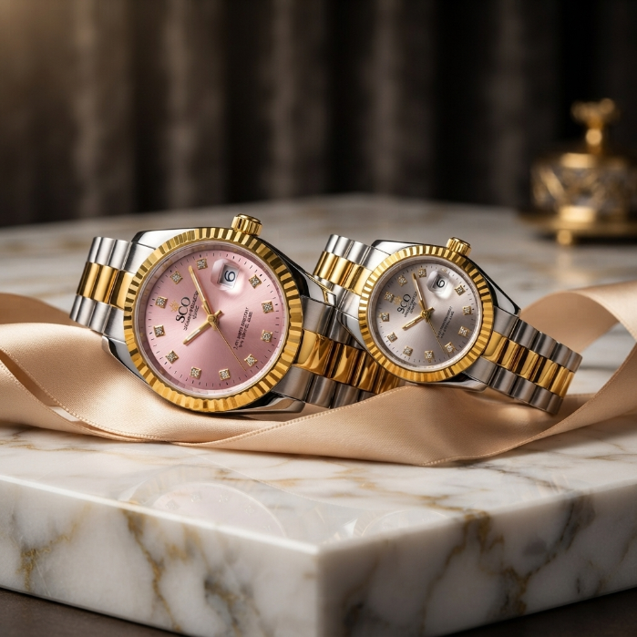 SCO Luxury Couple Watch Set – Gold & Silver Stainless Steel Quartz Watches | Premium Matching Watches for Men & Women | Elegant Gift