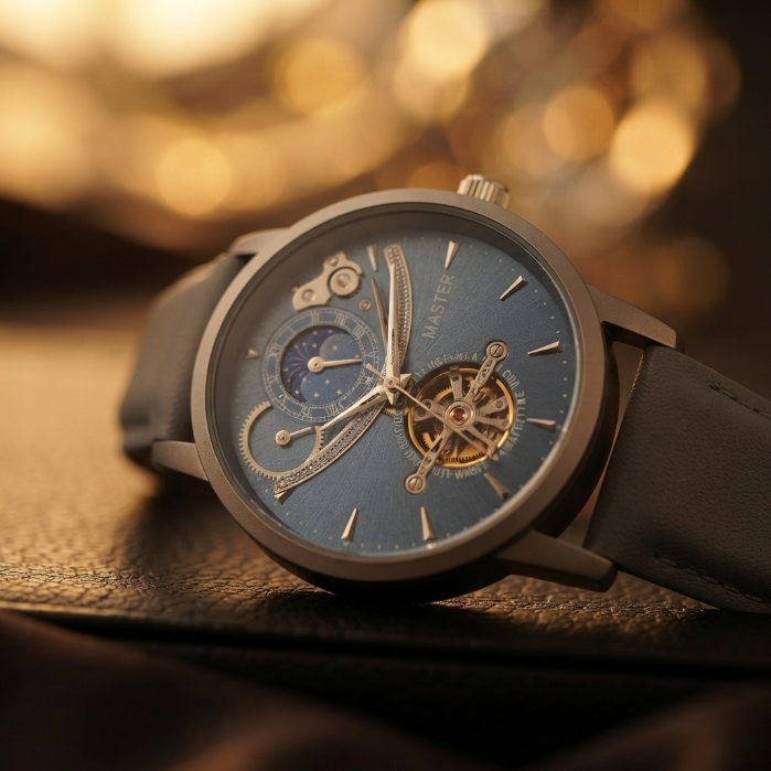 Luxury Master Men’s Watch – Blue Skeleton Automatic Style Wristwatch – Premium Leather Strap – Elegant Fashion Timepiece