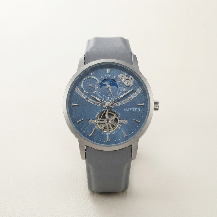 Luxury Master Men’s Watch – Blue Skeleton Automatic Style Wristwatch – Premium Leather Strap – Elegant Fashion Timepiece