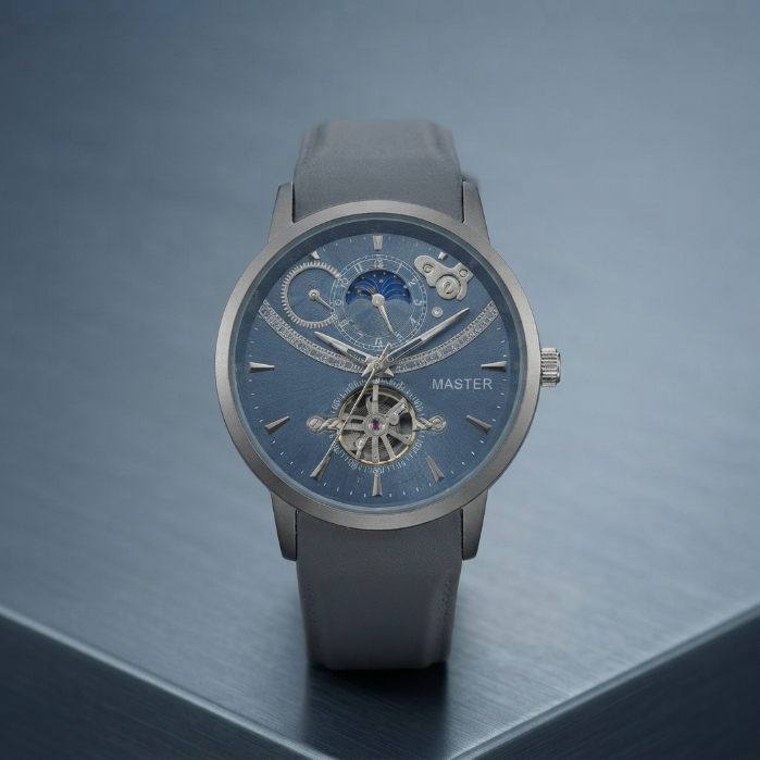 Luxury Master Men’s Watch – Blue Skeleton Automatic Style Wristwatch – Premium Leather Strap – Elegant Fashion Timepiece