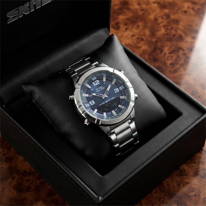 SKMEI Men's Digital Analog Watch – Waterproof Stainless Steel Sports Wrist Watch with LED Display