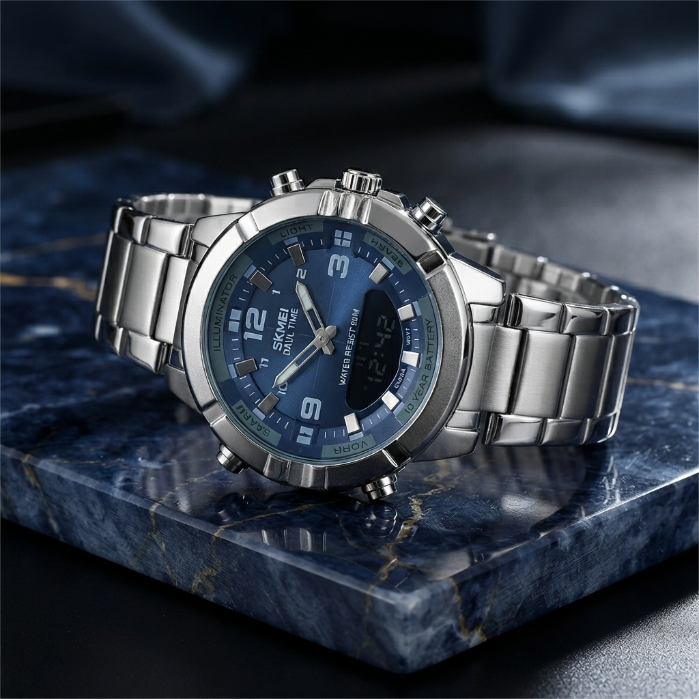SKMEI Men's Digital Analog Watch – Waterproof Stainless Steel Sports Wrist Watch with LED Display