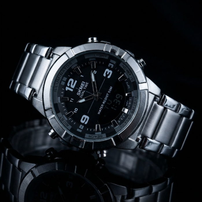 SKMEI Men's Stainless Steel Digital Analog Watch – Waterproof Sports & Business Wrist Watch with LED Display