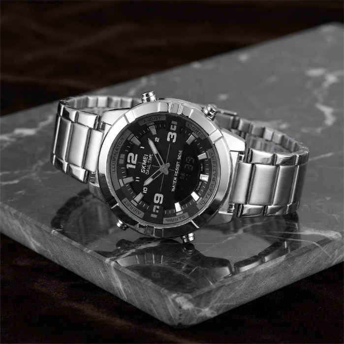 SKMEI Men's Stainless Steel Digital Analog Watch – Waterproof Sports & Business Wrist Watch with LED Display