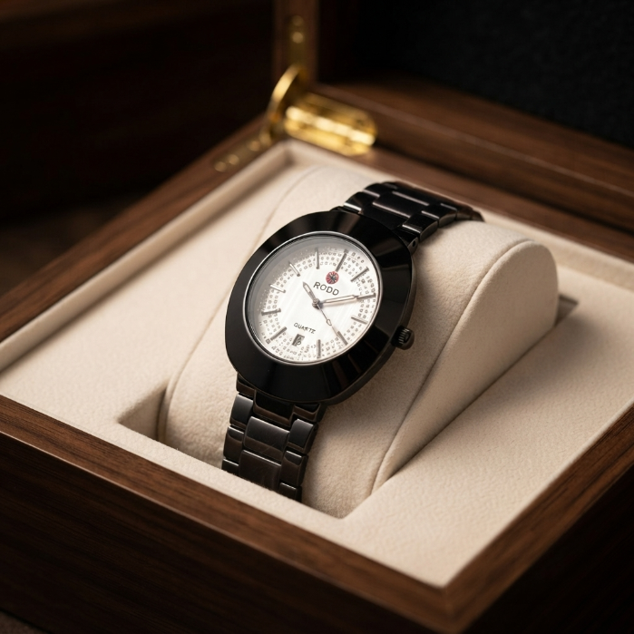ROBO Women's Black Ceramic Watch – Luxury Quartz Waterproof Fashion Wrist Watch with Crystal Dial