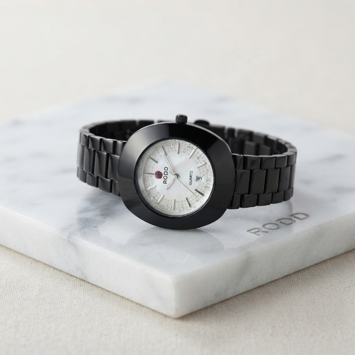 ROBO Women's Black Ceramic Watch – Luxury Quartz Waterproof Fashion Wrist Watch with Crystal Dial