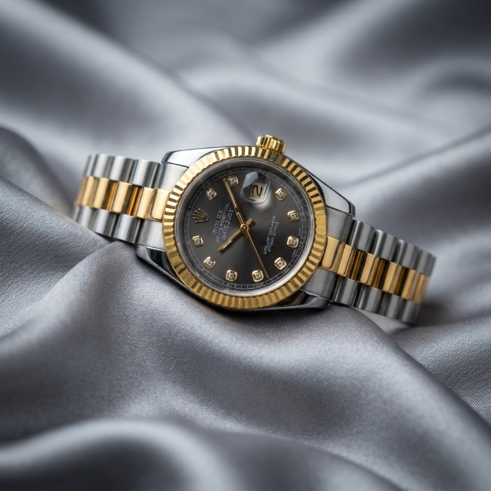 Rolex Datejust Two-Tone Gold & Silver Watch – Black Diamond Dial | Luxury Stainless Steel Men's Wristwatch