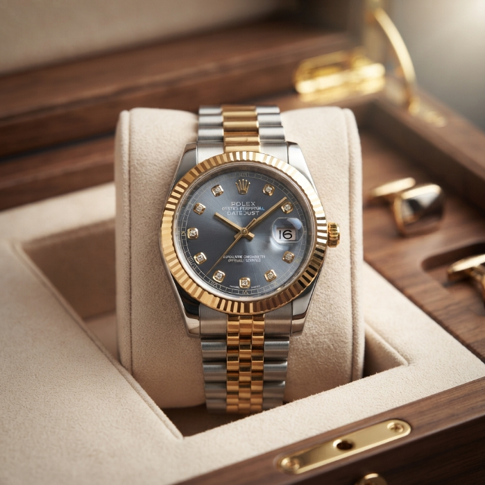Rolex Datejust Two-Tone Gold & Silver Watch – Black Diamond Dial | Luxury Stainless Steel Men's Wristwatch