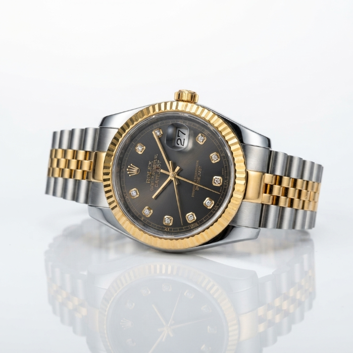 Rolex Datejust Two-Tone Gold & Silver Watch – Black Diamond Dial | Luxury Stainless Steel Men's Wristwatch