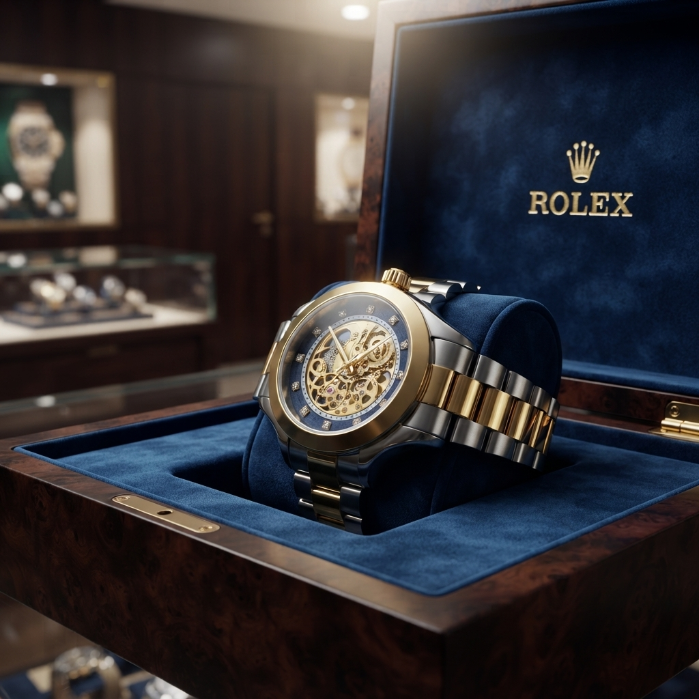 Rolex Skeleton Automatic Two-Tone Gold & Silver Watch – Luxury Diamond Dial Men's Stainless Steel Wristwatch
