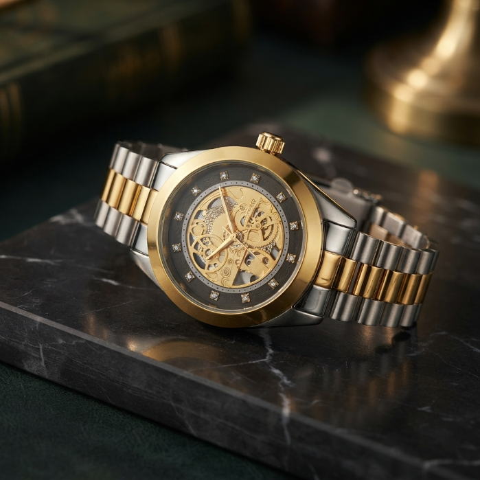Rolex Skeleton Automatic Two-Tone Gold & Silver Watch – Luxury Diamond Dial Men's Stainless Steel Wristwatch