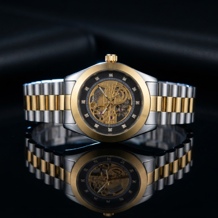 Rolex Skeleton Automatic Two-Tone Gold & Silver Watch – Luxury Diamond Dial Men's Stainless Steel Wristwatch