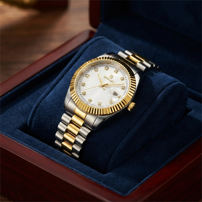 Reward Luxury Two-Tone Gold & Silver Men's Watch | White Diamond Dial | Stainless Steel Wristwatch