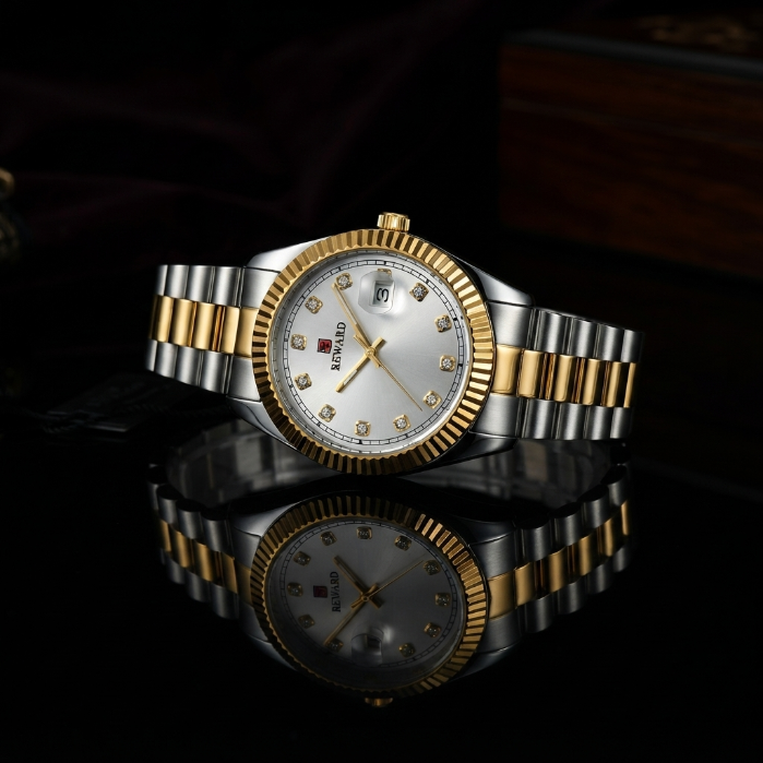 Reward Luxury Two-Tone Gold & Silver Men's Watch | White Diamond Dial | Stainless Steel Wristwatch