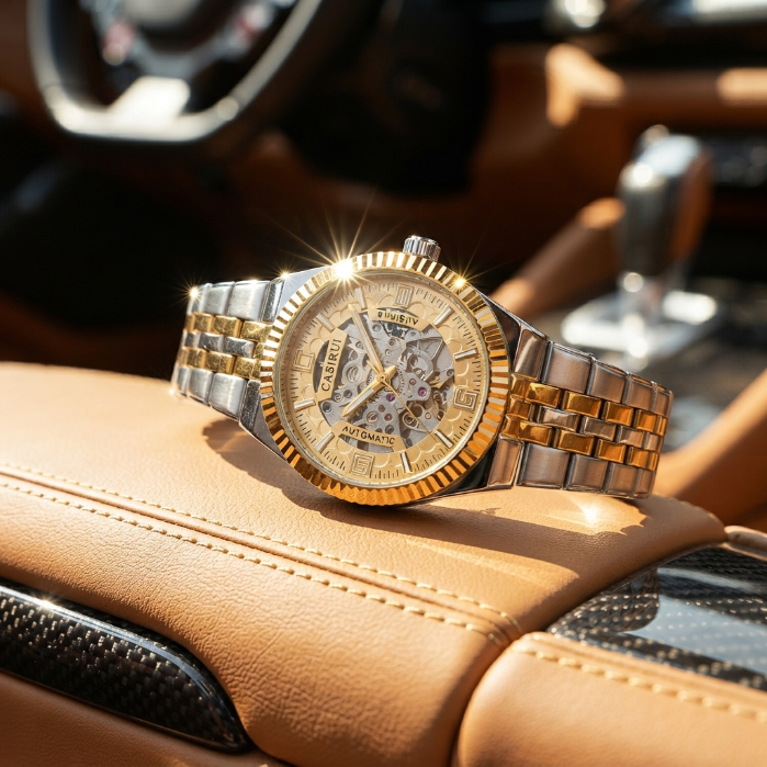 CASIRU Automatic Skeleton Watch for Men | Luxury Mechanical Gold & Silver Stainless Steel Wristwatch