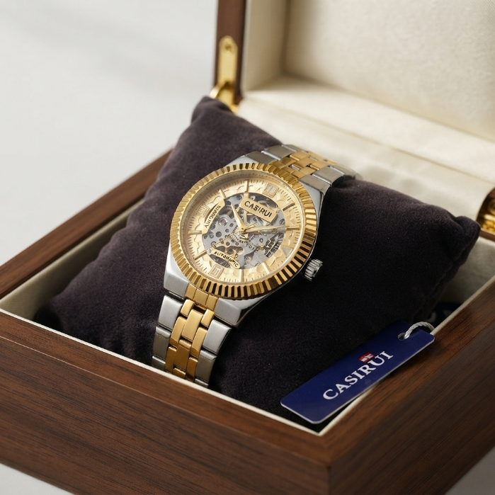 CASIRU Automatic Skeleton Watch for Men | Luxury Mechanical Gold & Silver Stainless Steel Wristwatch