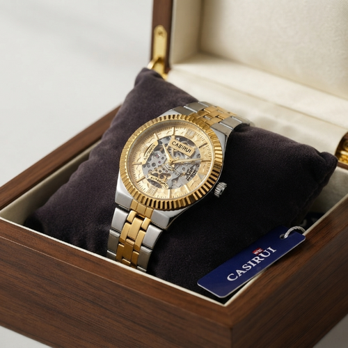 CASIRU Automatic Skeleton Watch for Men | Luxury Mechanical Gold & Silver Stainless Steel Wristwatch