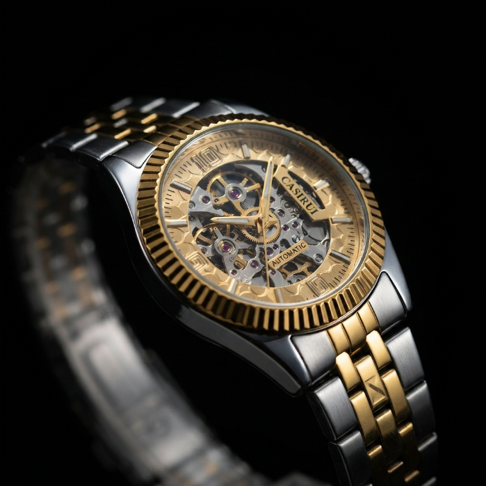 CASIRU Automatic Skeleton Watch for Men | Luxury Mechanical Gold & Silver Stainless Steel Wristwatch