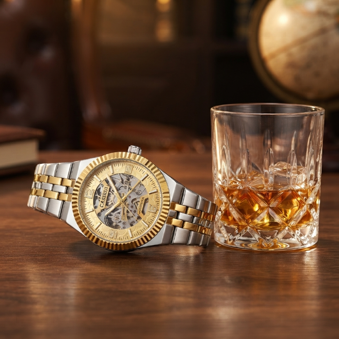 CASIRU Automatic Skeleton Watch for Men | Luxury Mechanical Gold & Silver Stainless Steel Wristwatch