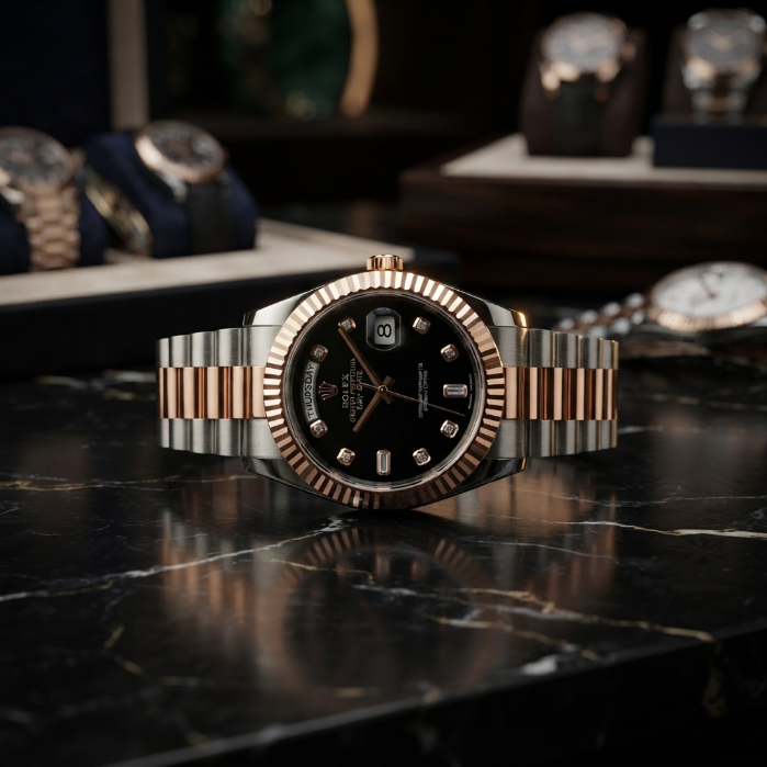Rolex Day-Date Two-Tone Rose Gold & Silver Watch | Luxury Men's Watch | Black Diamond Dial