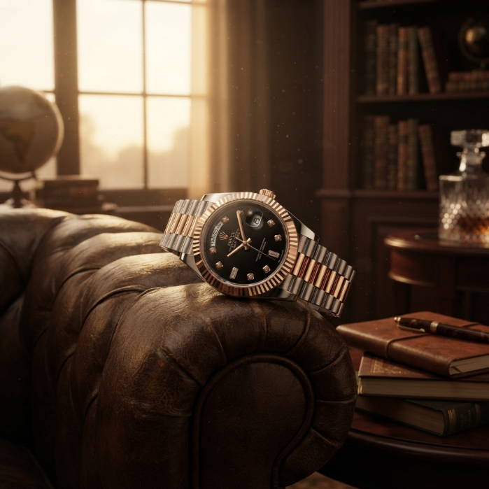 Rolex Day-Date Two-Tone Rose Gold & Silver Watch | Luxury Men's Watch | Black Diamond Dial