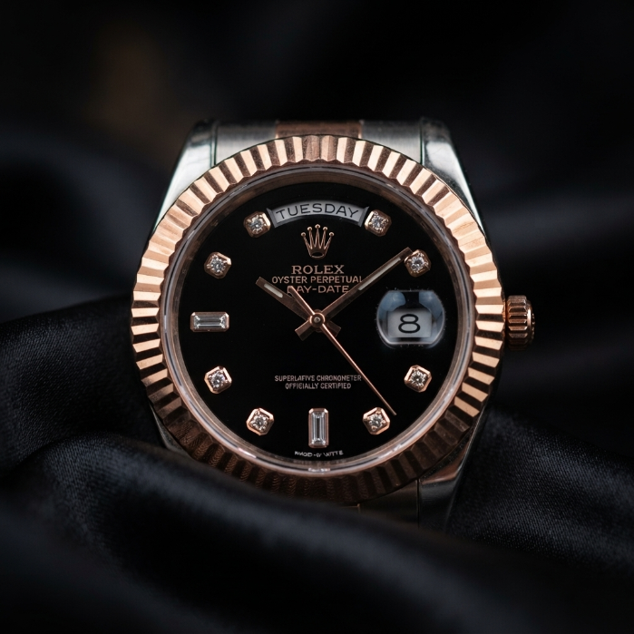 Rolex Day-Date Two-Tone Rose Gold & Silver Watch | Luxury Men's Watch | Black Diamond Dial