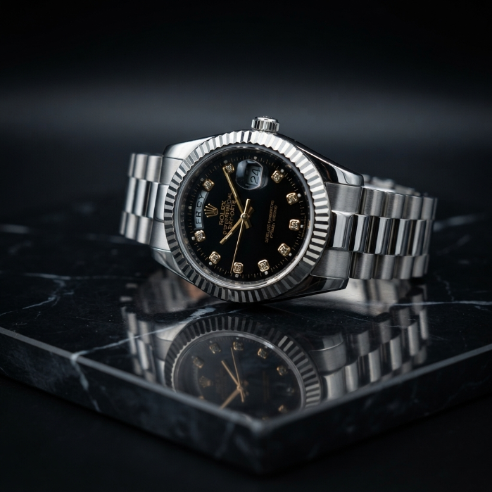 Luxury Day-Date Style Men's Watch – Black Diamond Dial | Stainless Steel Premium Dress Watch