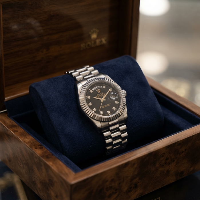 Luxury Day-Date Style Men's Watch – Black Diamond Dial | Stainless Steel Premium Dress Watch