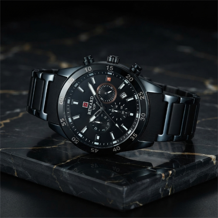 Reward Luxury Men's Black Quartz Watch | Premium Stainless Steel Analog Wrist Watch | Business & Casual Fashion Timepiece