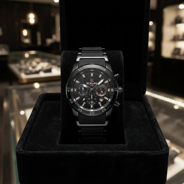 Reward Luxury Men's Black Quartz Watch | Premium Stainless Steel Analog Wrist Watch | Business & Casual Fashion Timepiece