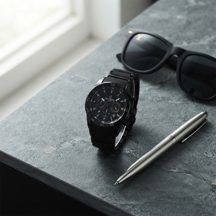 Reward Luxury Men's Black Quartz Watch | Premium Stainless Steel Analog Wrist Watch | Business & Casual Fashion Timepiece
