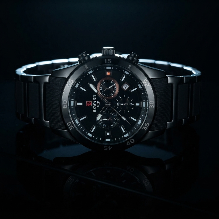 Reward Luxury Men's Black Quartz Watch | Premium Stainless Steel Analog Wrist Watch | Business & Casual Fashion Timepiece