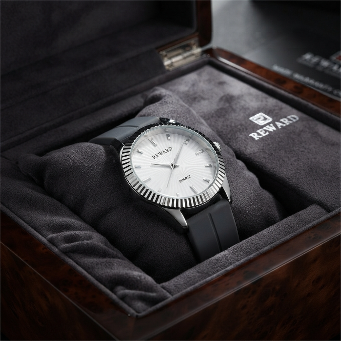 Reward Luxury Quartz Watch for Men – Silver Dial Analog Wristwatch with Premium Silicone Strap | Elegant Casual & Business Watch