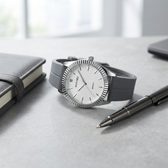Reward Luxury Quartz Watch for Men – Silver Dial Analog Wristwatch with Premium Silicone Strap | Elegant Casual & Business Watch